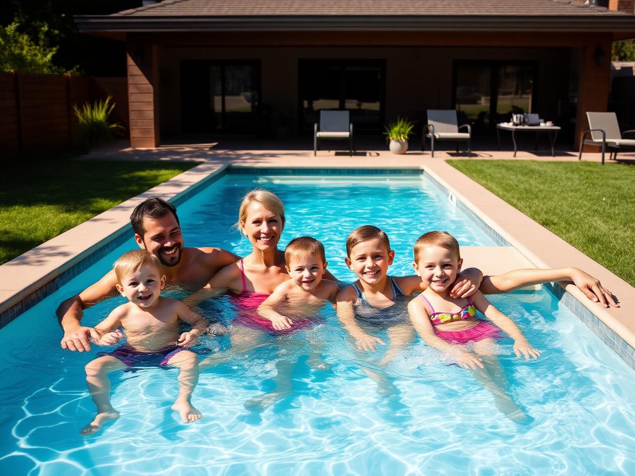 Familia disfrutando una piscina instalada en casa